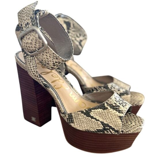 Sam Edelman Rain White Snakeskin Print Stacked Brown "Wood" Platform Heel - Picture 2 of 9